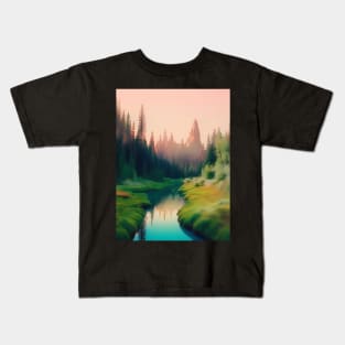 AI Generated Art Scenery - Lush Green Forest Mountains In The Back And River Kids T-Shirt